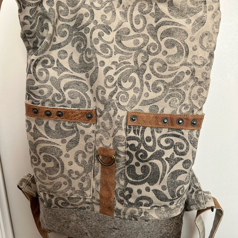 Myra Patterned Large Canvas Backpack With Leather… - image 3